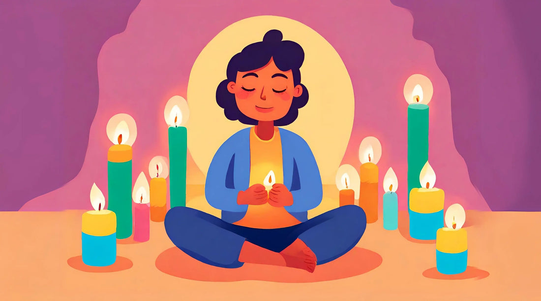 Person sitting cross-legged and pursed-lip breathing peacefully among colorful candles.